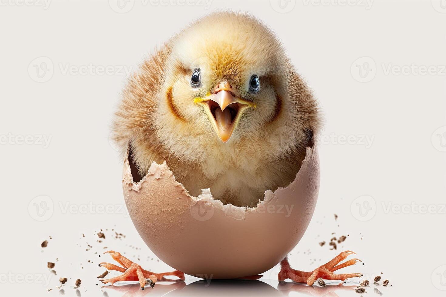 Happy smiling Cute little chicken coming out o f the Easter egg isolated on white background illustration photo