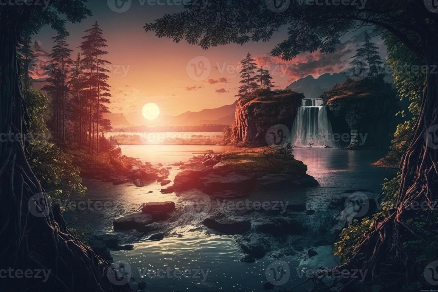 enorme paisaje naturaleza y paisaje con un cascada en un lozano bosque o un puesta de sol terminado un calma Oceano ilustración generativo ai foto