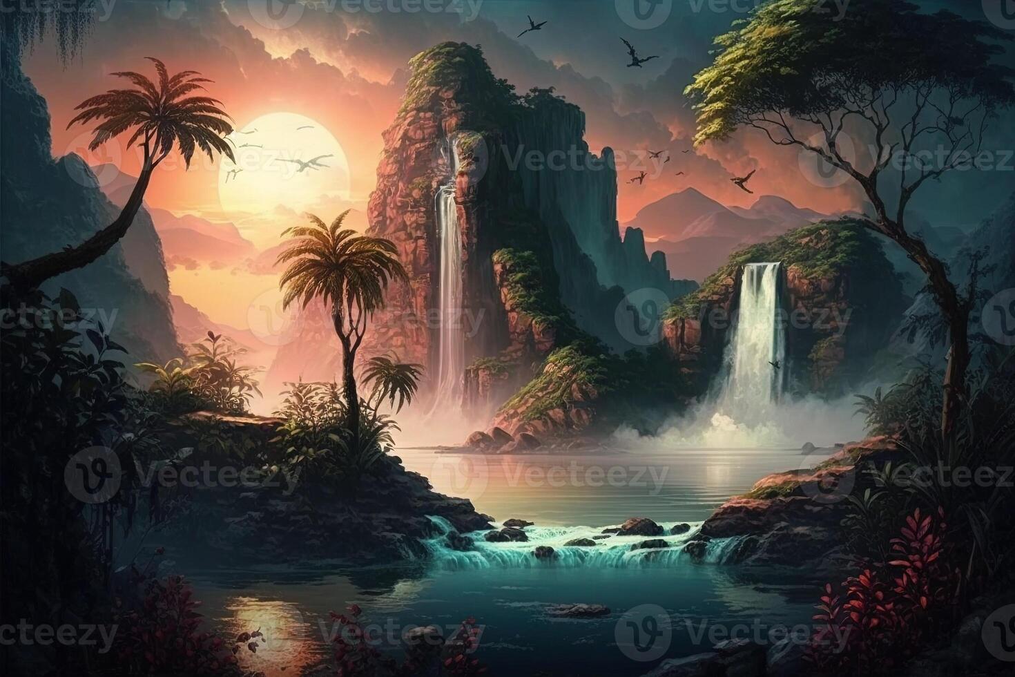 Huge landscape Nature and landscape with a waterfall in a lush forest or a sunset over a calm ocean illustration photo