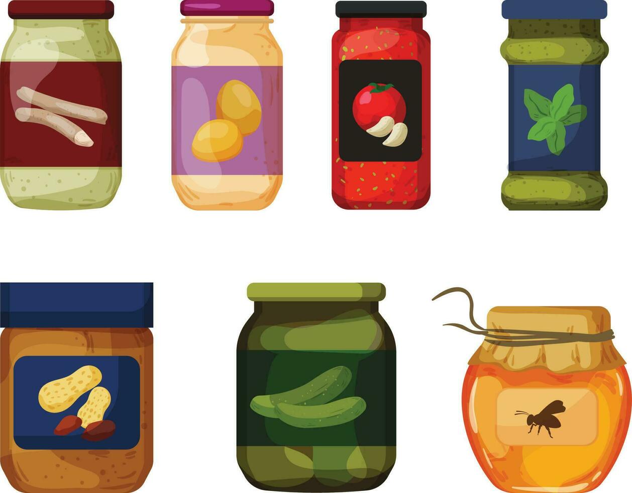 set of jars with jam and marmalade icons vector illustration design