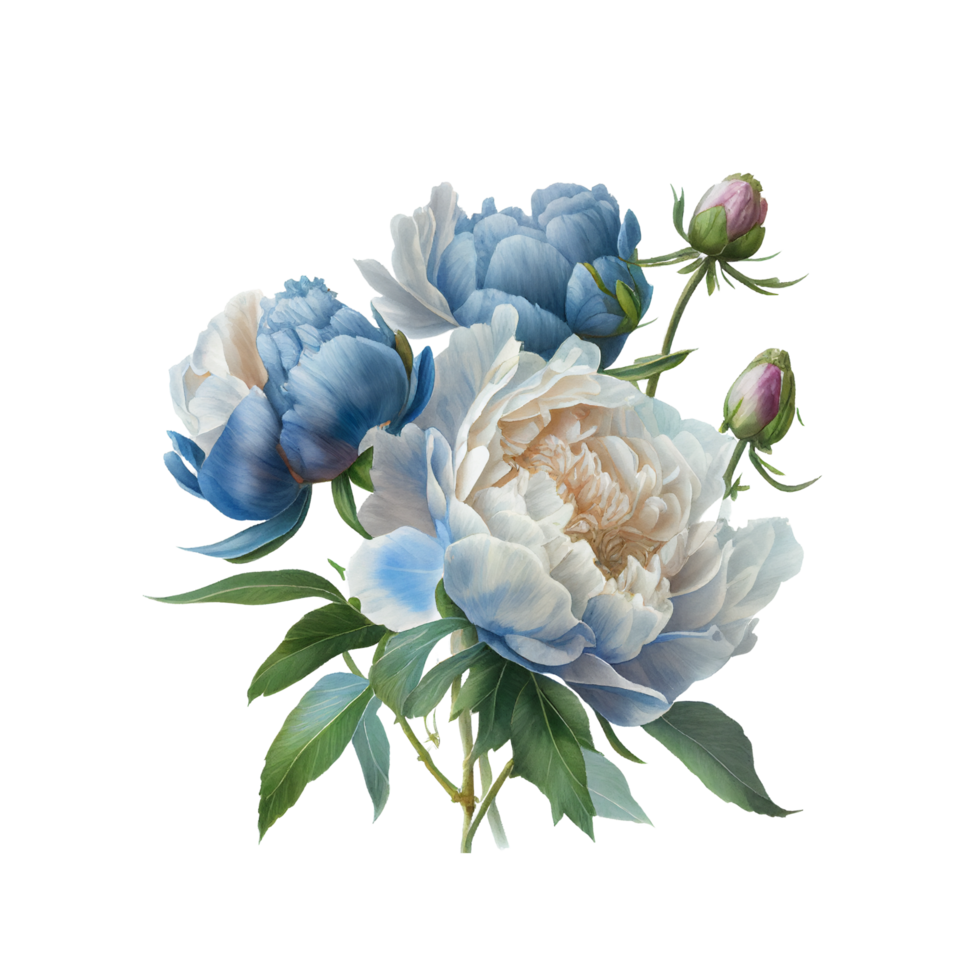 bleu blanc pivoines clipart aquarelle Rose Orange bleu et feuilles ai génératif png