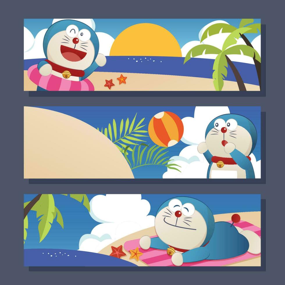 A Cheerful Robot Cat on a Beach Banner Background vector