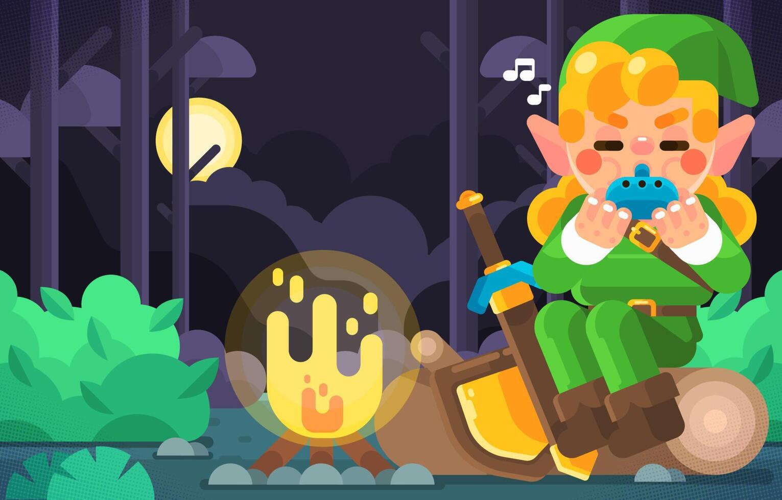 Elf Boy Playing Flute In The Forest At Night vector