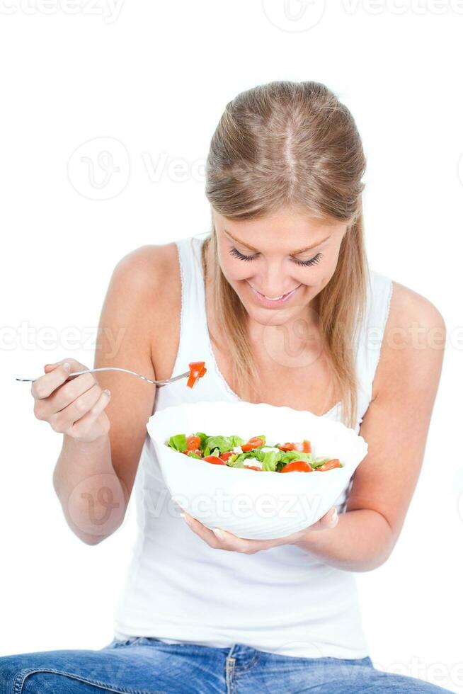 mujer promoviendo sano comiendo hábitos foto