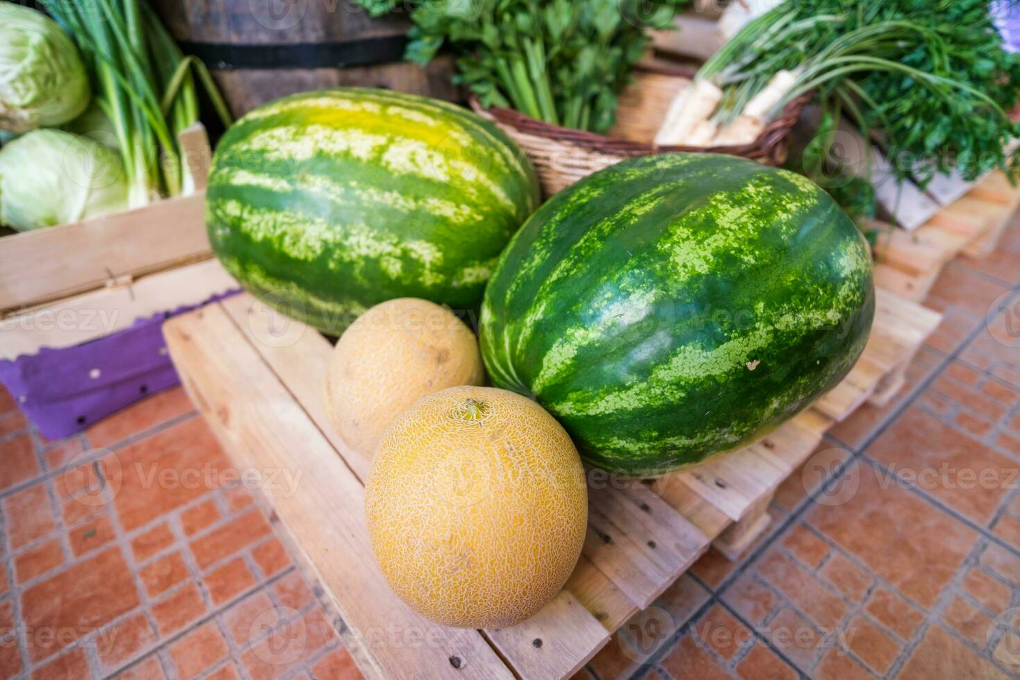 Healthy fruit and vegetables in grocery shop photo