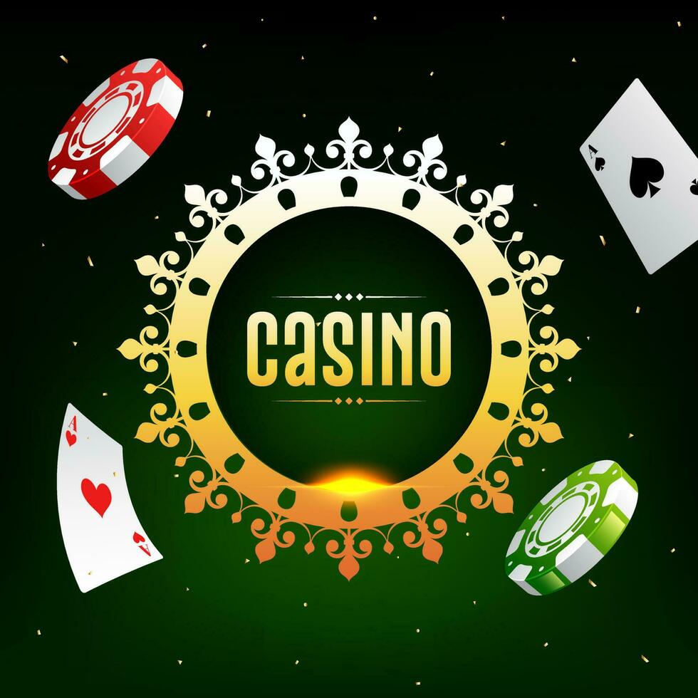 Casino banner or poster design with casino chips and aces card decorated on green background. vector