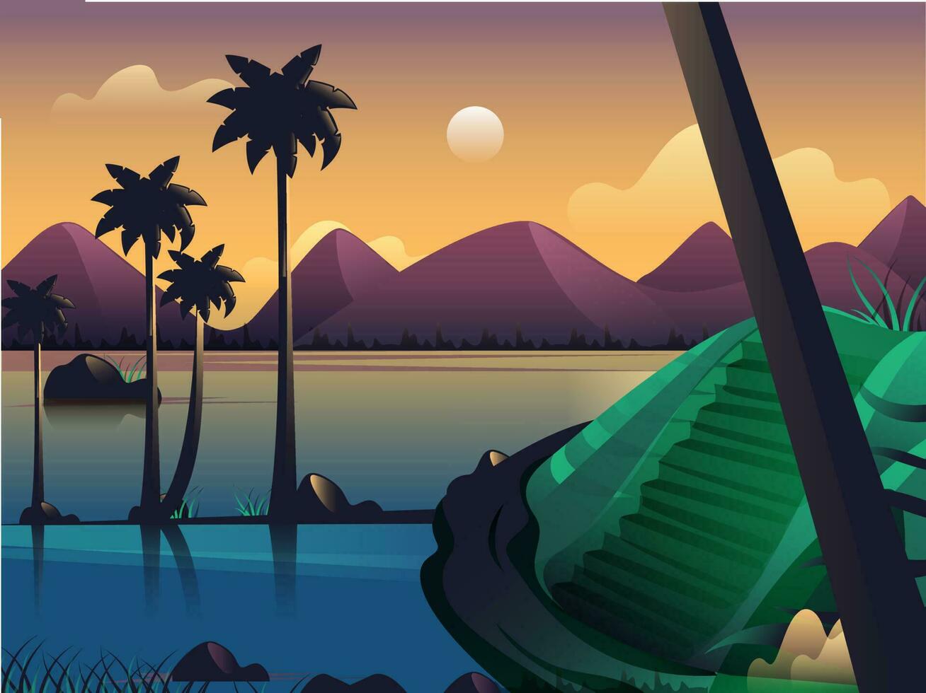 hermosa puesta de sol naturaleza paisaje playa antecedentes. vector