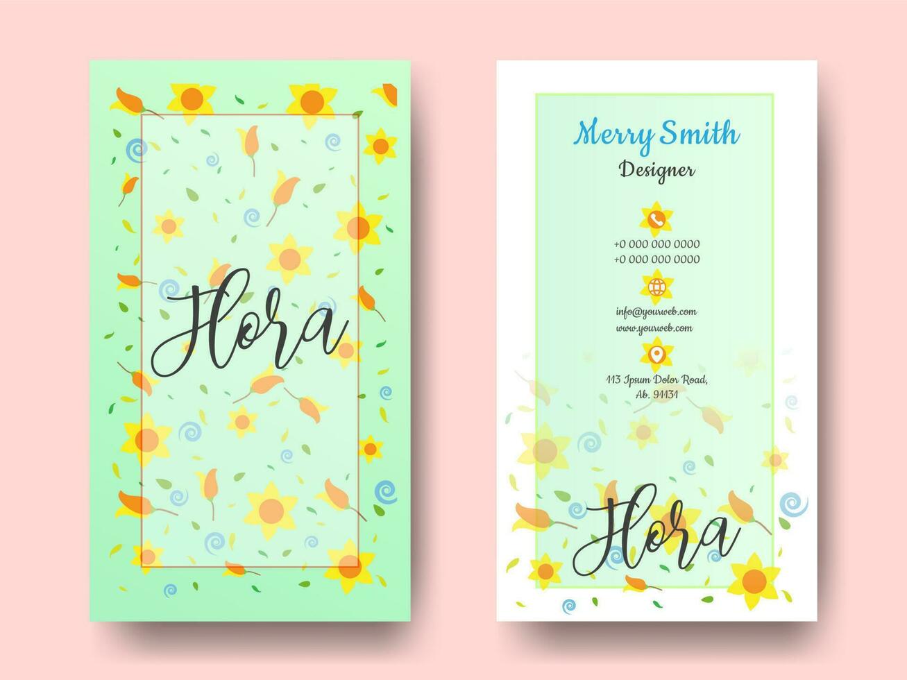 Advertising template or business card design with floral pattern and company details in front and back view. vector