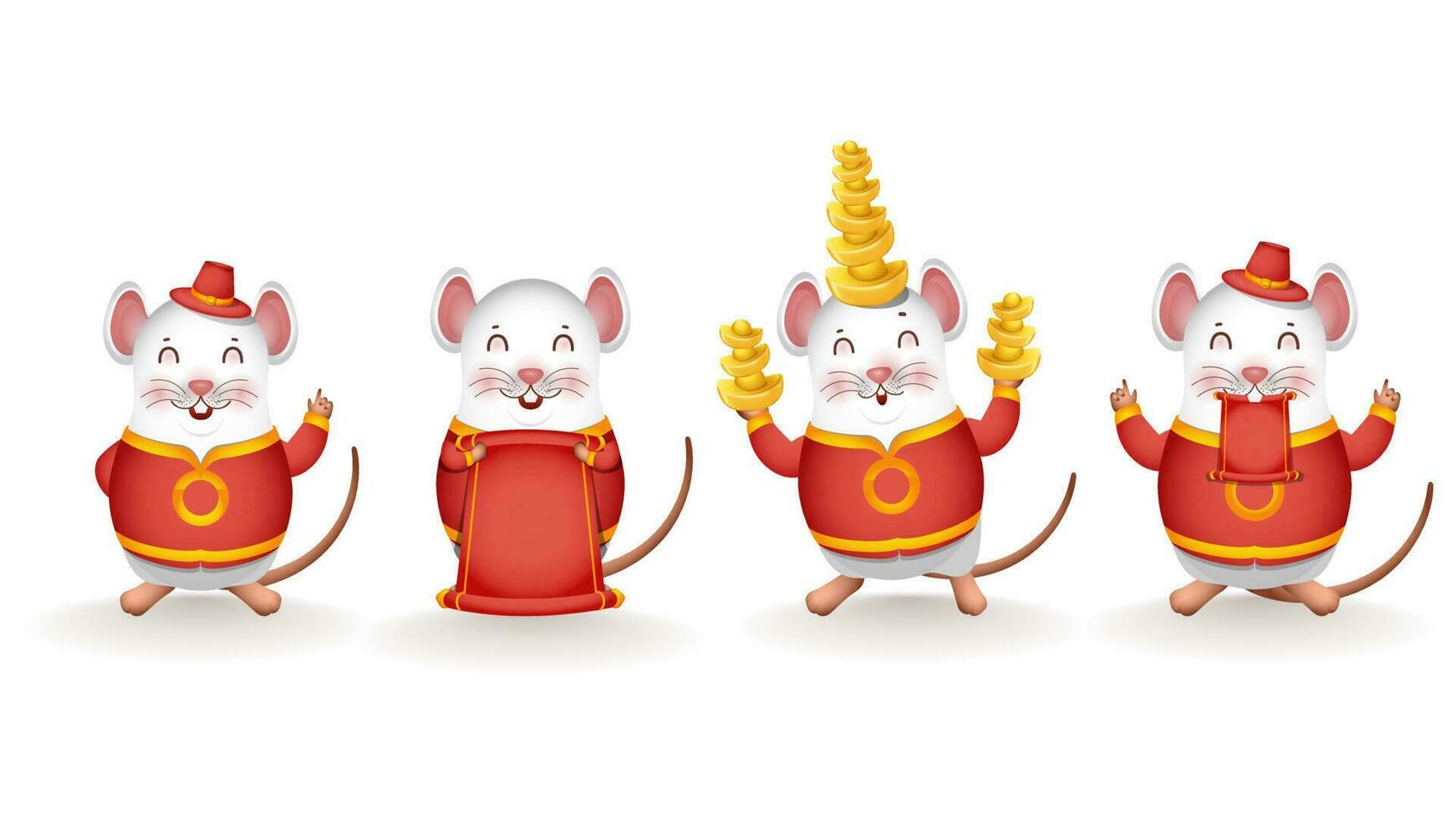 Different Activity of Cartoon Rat holding Chinese Gold with Blank Scroll Paper given for your message on White Background. vector