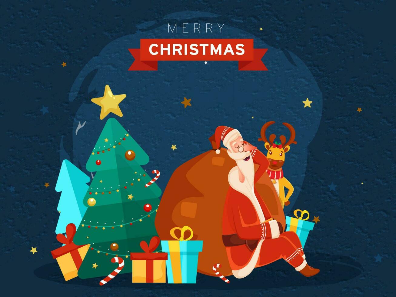 Illustration of Santa Claus Sleeping with Heavy Bag, Cartoon Reindeer, Gift Boxes, Candy Cane and Decorative Xmas Tree on Blue Grunge Background for Merry Christmas Celebration. vector