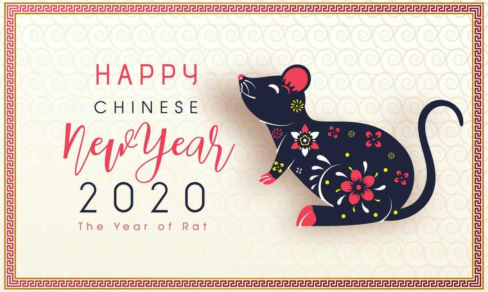 Happy Chinese New Year celebration greeting card design with rat zodiac sign on seamless swirl pattern background for 2020 The Year of Rat. vector