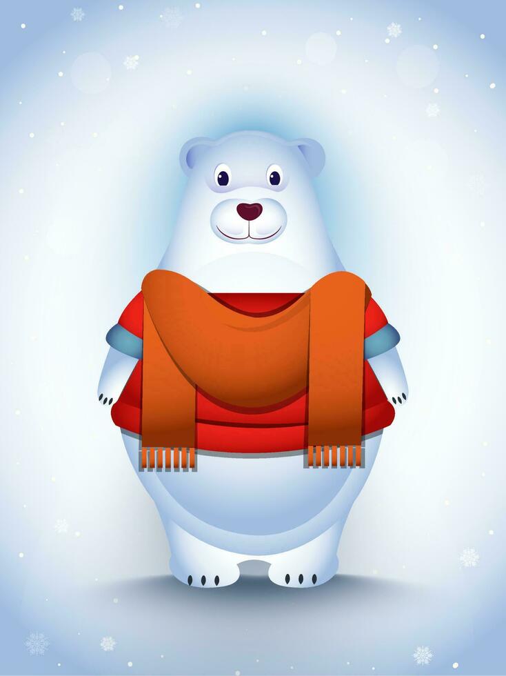 Cute polar bear character wearing clothes on snowfall background. vector