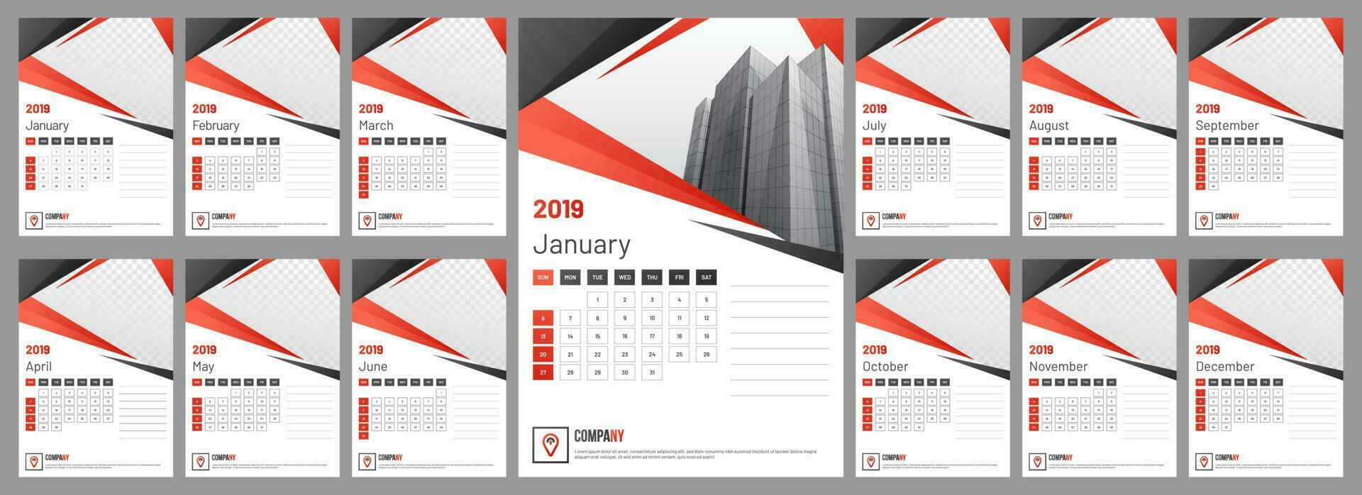 Yearly calendar or organizer design for 2019 with space for your image. vector