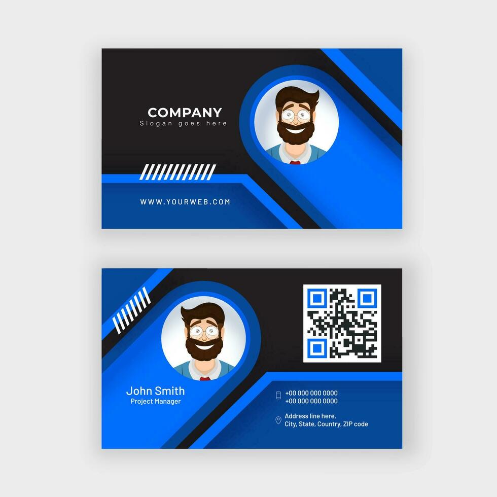 Front and back view of business card or visiting card design with businessman image. vector