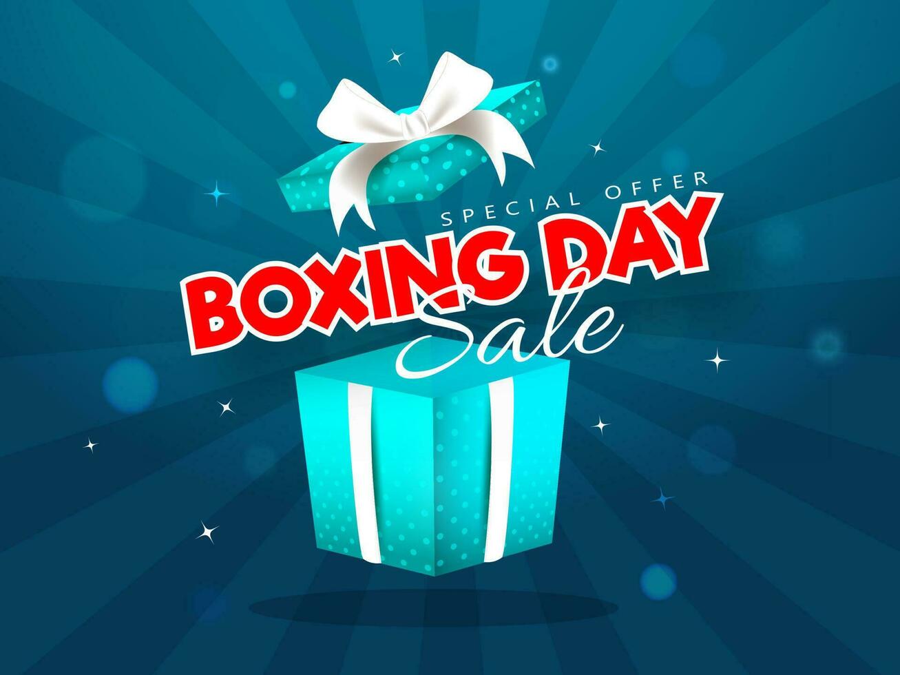Advertising sale poster design with surprise gift box of Boxing Day on blue rays background. vector