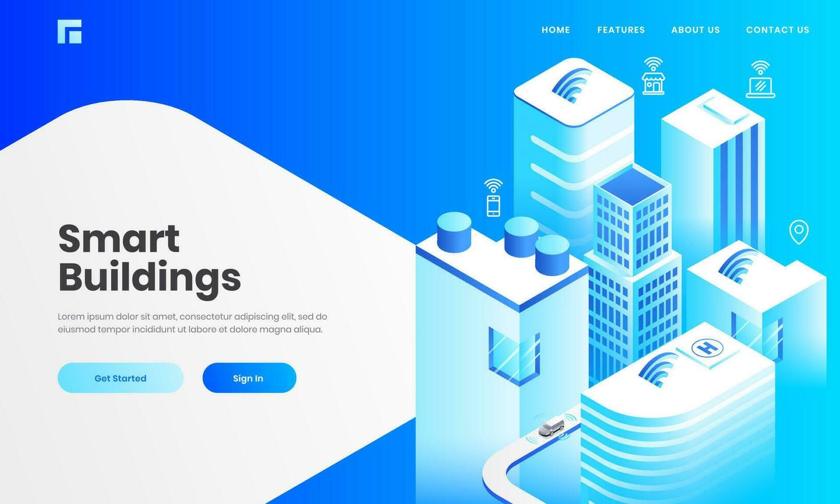 Isometric view of skyscraper buildings with technology devices through internet network for Smart Building concept based landing page design. vector