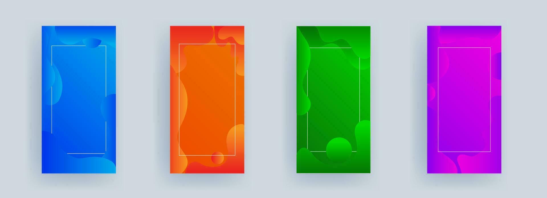 Advertising template or vertical banner design with fluid art abstract background in four color option. vector