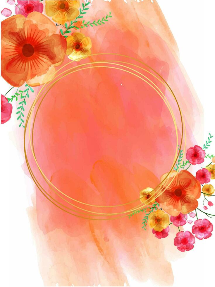 Decorative Flowers with Empty Circular Frame Given For Your Message on Orange Watercolor Brush Stroke Background. vector