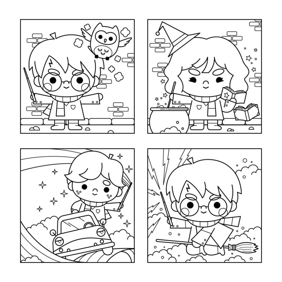 Cute Little Witch Performs Magical Arts for Coloring Book Pages vector