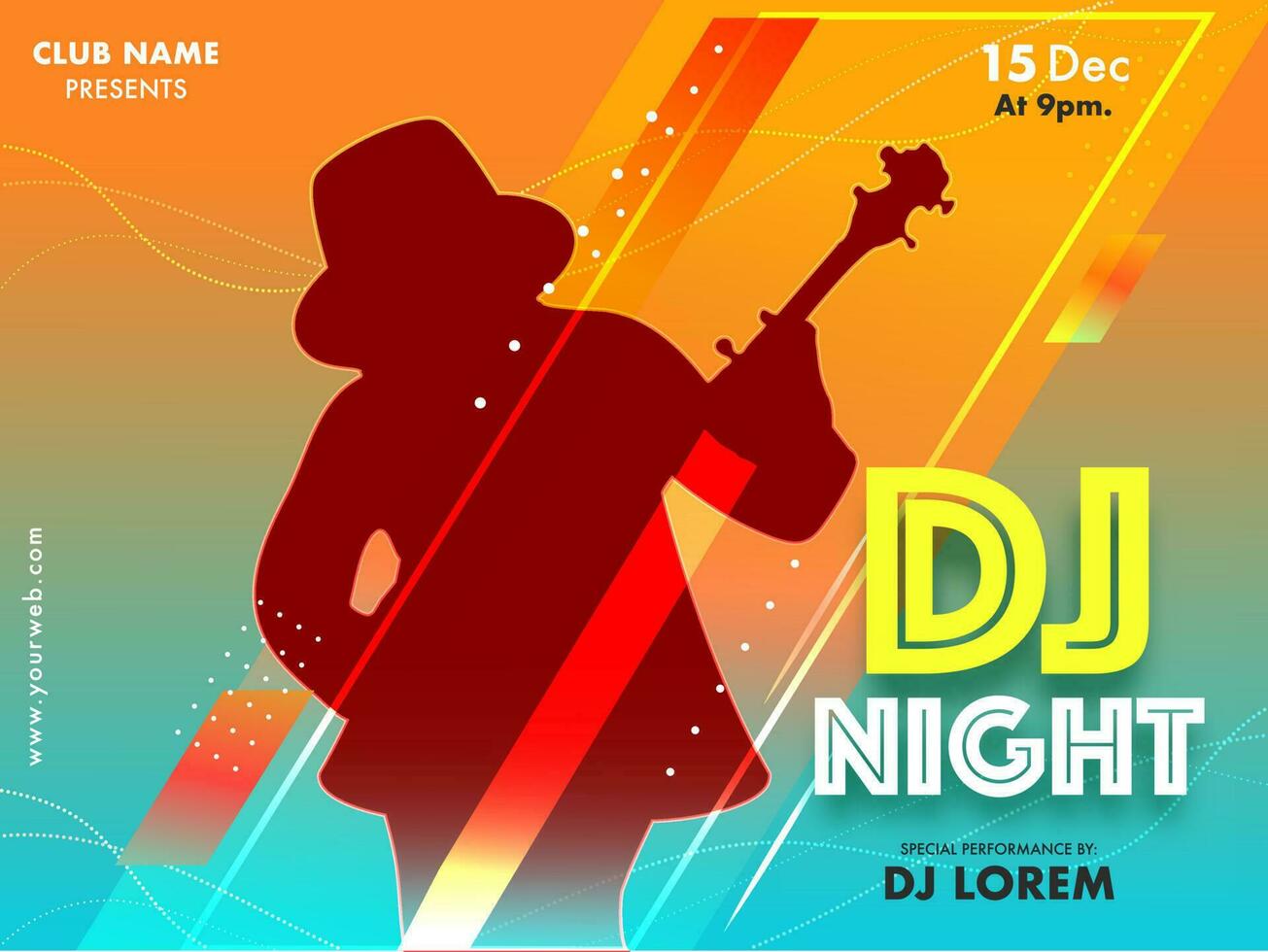 DJ noche invitación, póster o volantes diseño con silueta chico jugando guitarra en resumen antecedentes para publicidad concepto. vector