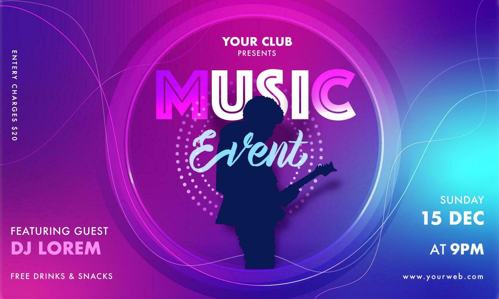 Music Event Invitation, Flyer or Banner Design with Silhouette Singer Playing Guitar on Gradient Abstract Background and Event Details. vector