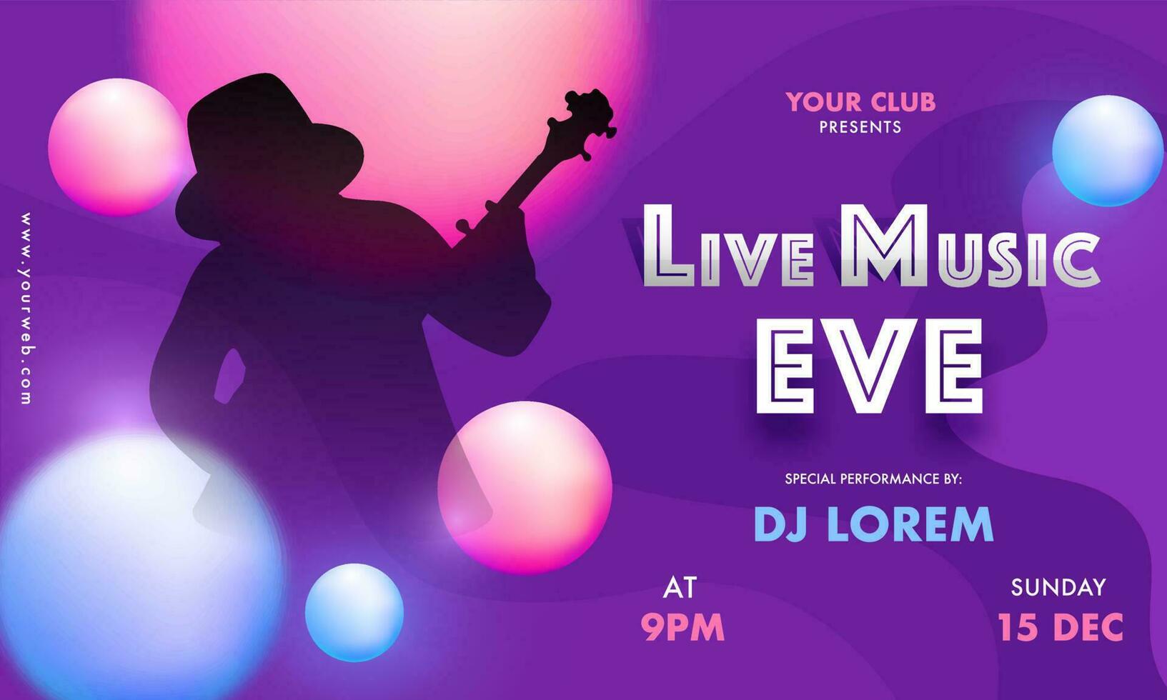 Music Event Invitation, Flyer Design with Silhouette Guy Playing Guitar and 3D Sphere Decorated on Purple Abstract Background. vector