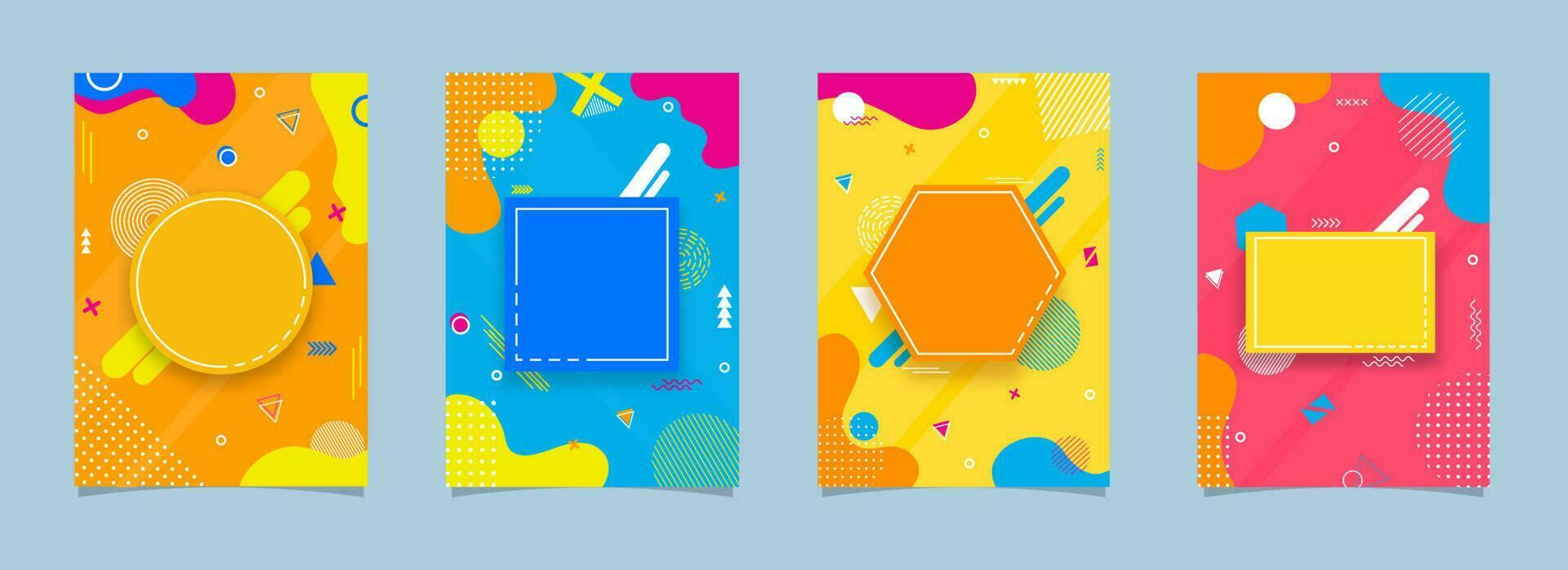Colorful fluid art abstract background with empty geometrical frame given for your message in four option. vector