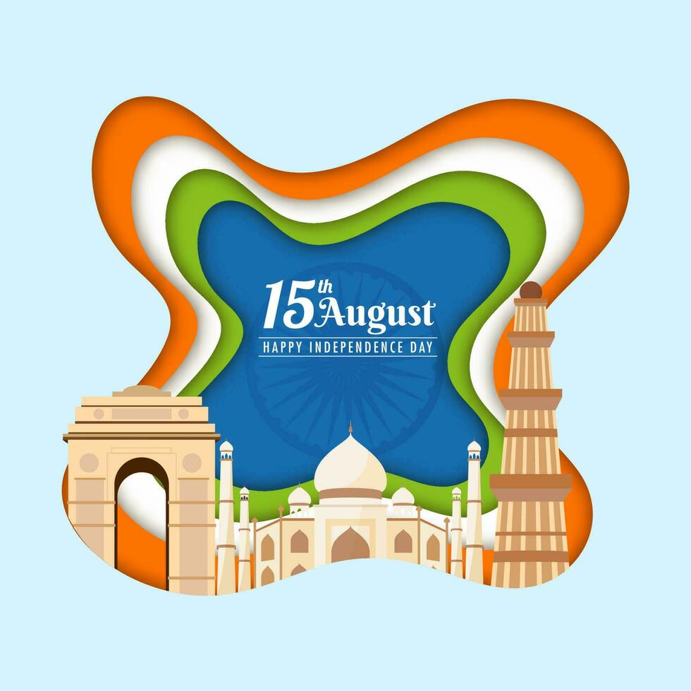 Abstarct Paper Cut Background with Indian Famous Monuments for 15th August, Happy Independence Day Concept. vector