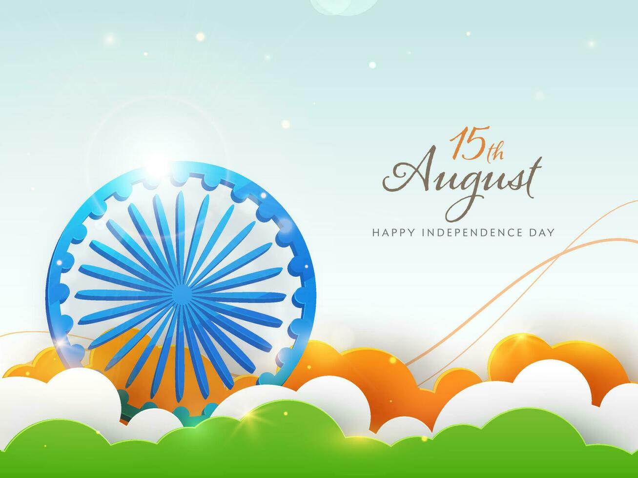 3D Blue Ashoka Wheel with Lights Effect and Indian Tricolor Paper Cut Clouds on Blue Background for 15th August, Happy Independence Day. vector