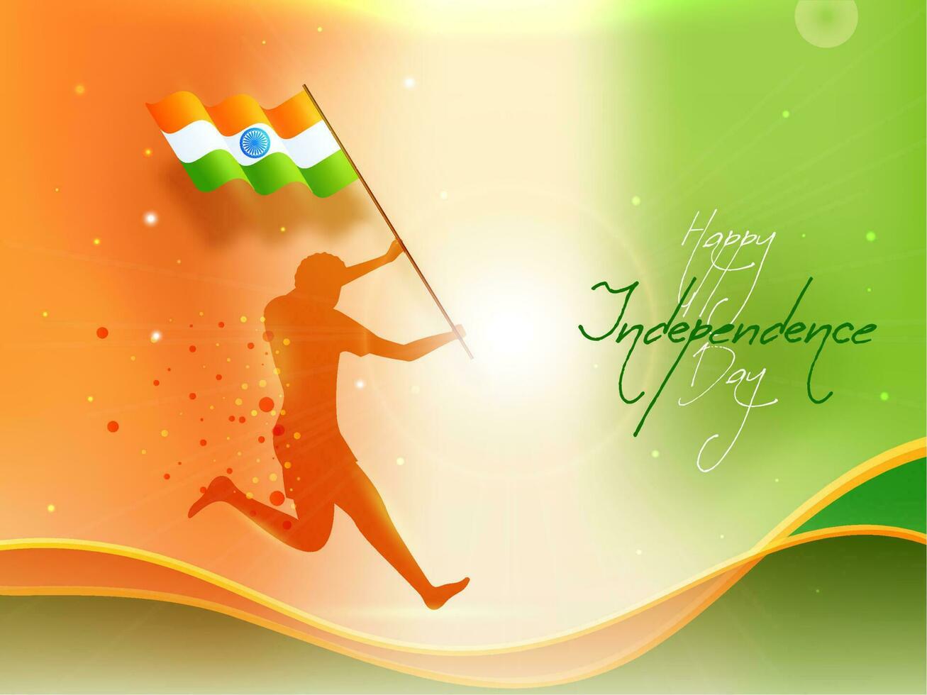 Happy Independence Day Font with Silhouette Man holding Wavy India Flag on Shiny Abstract Tricolor Background. vector