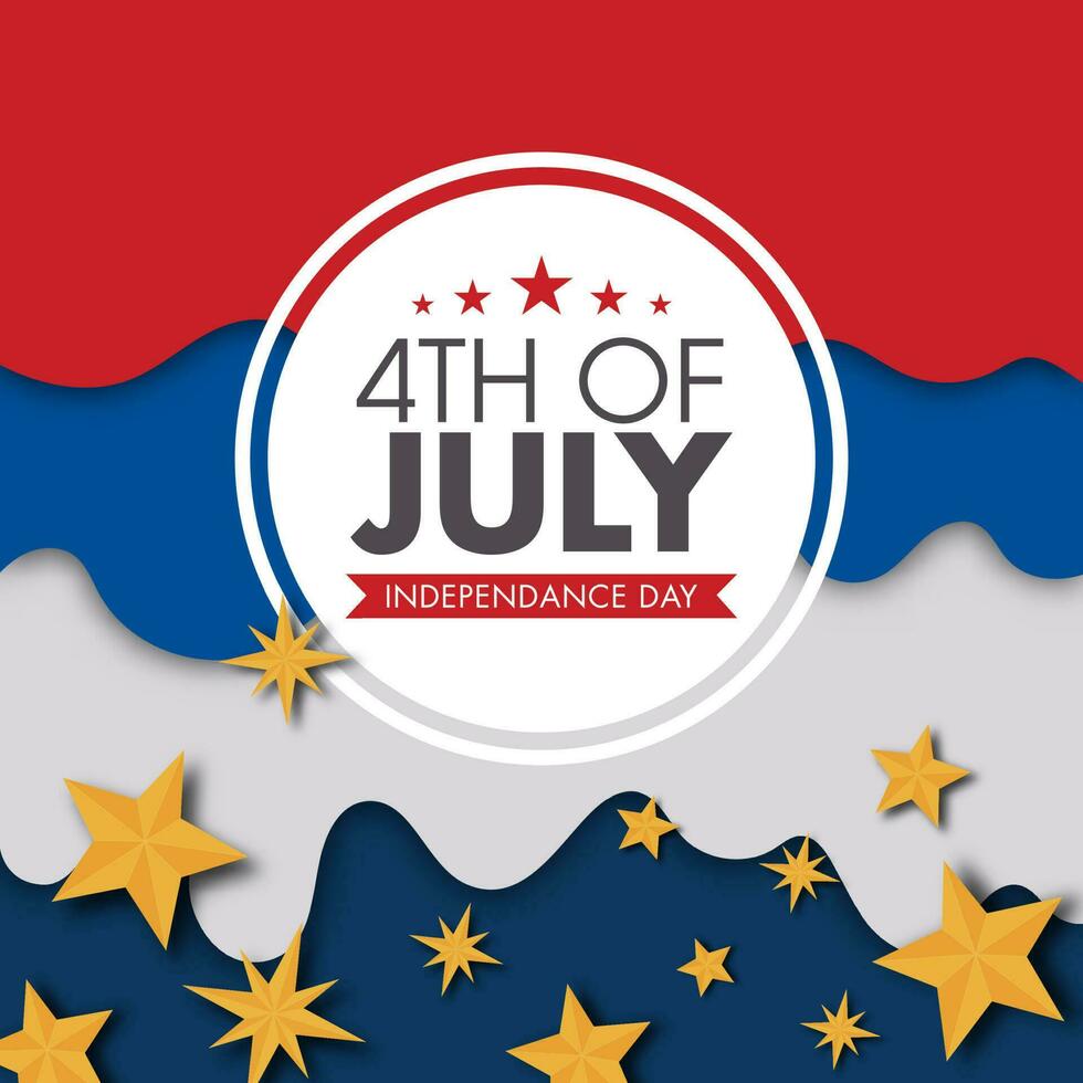 4th Of July, Independence Day Label with Golden Stars on American Flag Color Wavy Paper Cut Background. vector