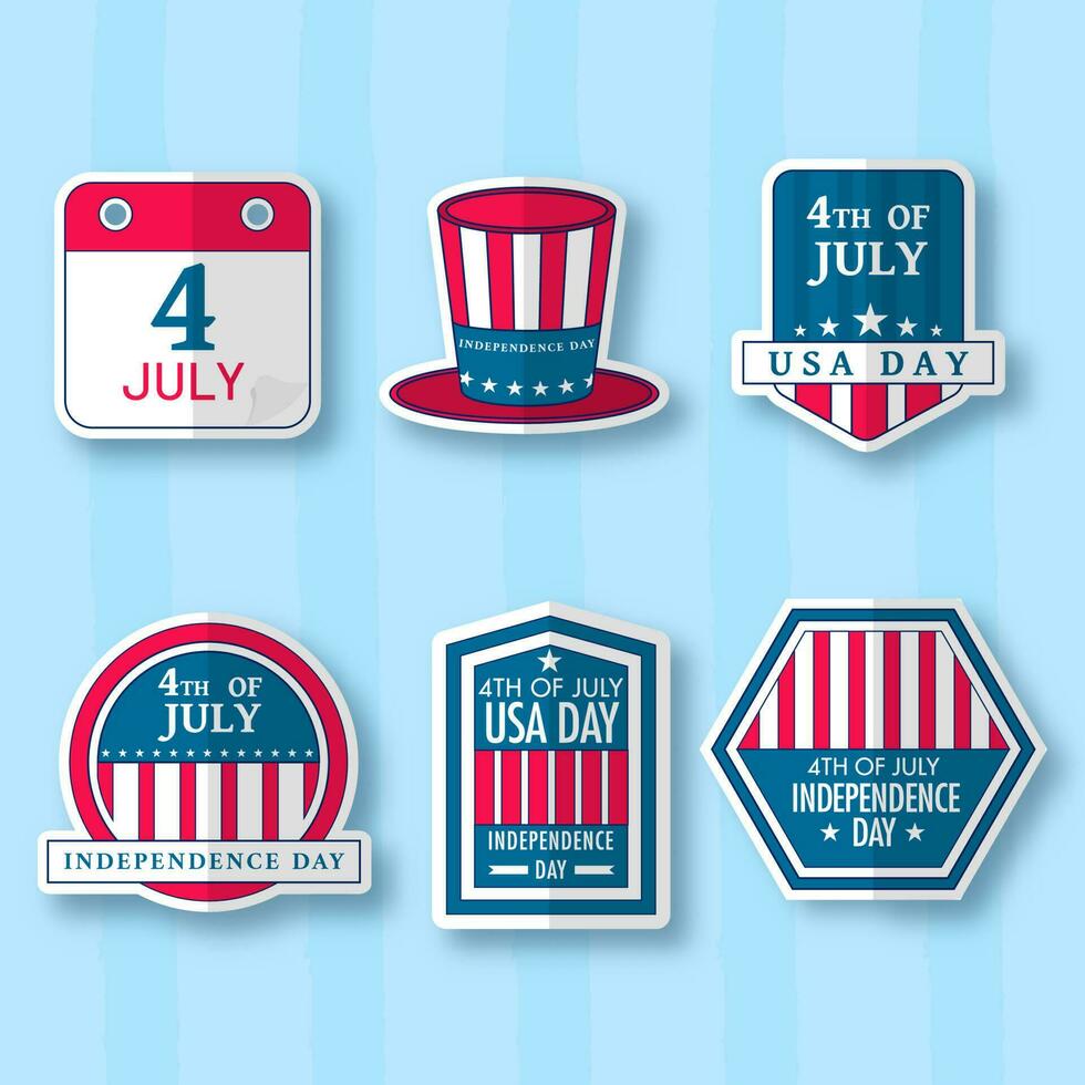 4to de julio calendario, tío sam sombrero, insignia, etiqueta o pegatina colección en azul a rayas antecedentes. vector