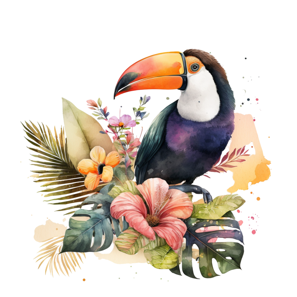 Tropical Bird Clipart banana leaves, paradise flowers, beak, purple feather. Amazon wildlife summer nature png