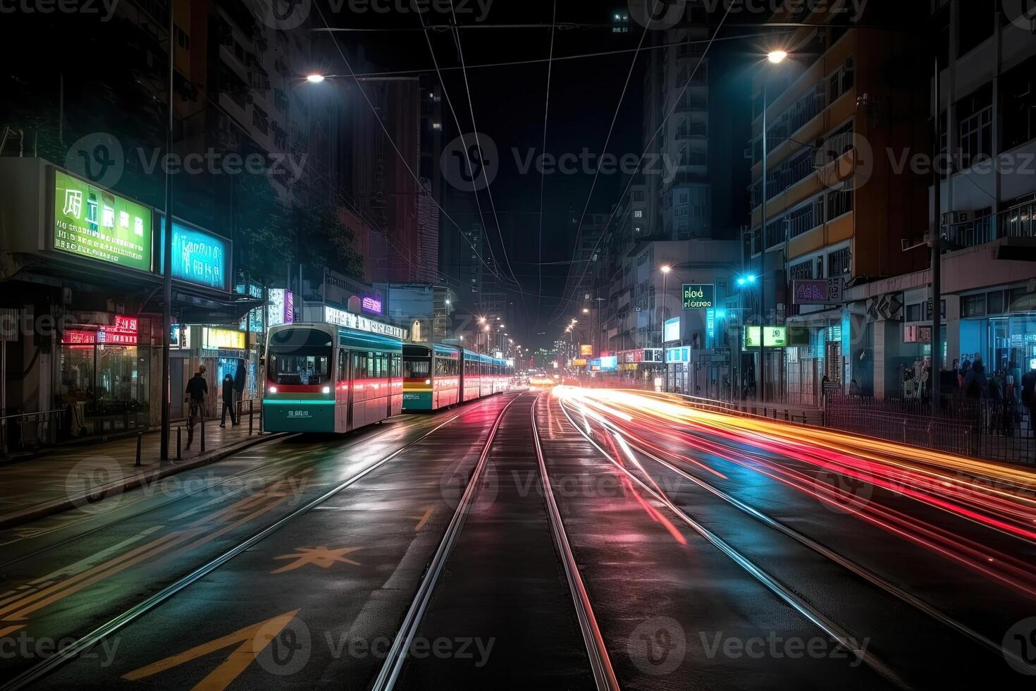 lights trail in a futuristic downtown district of hong kong illustration photo