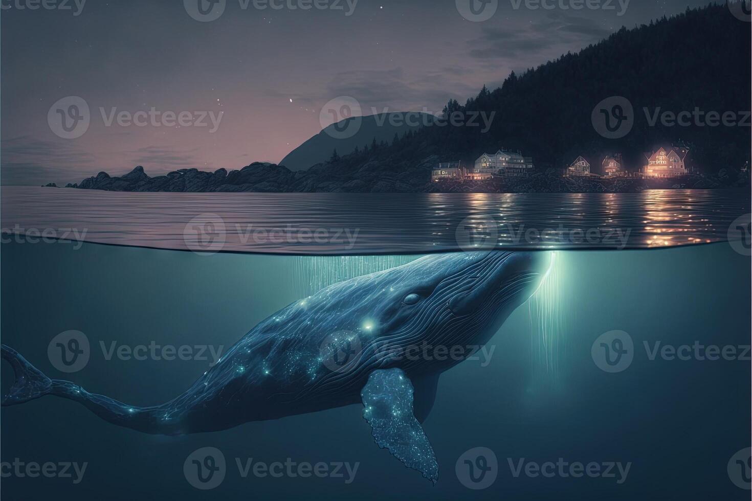 whale in a magic underwater night ocean illustration photo