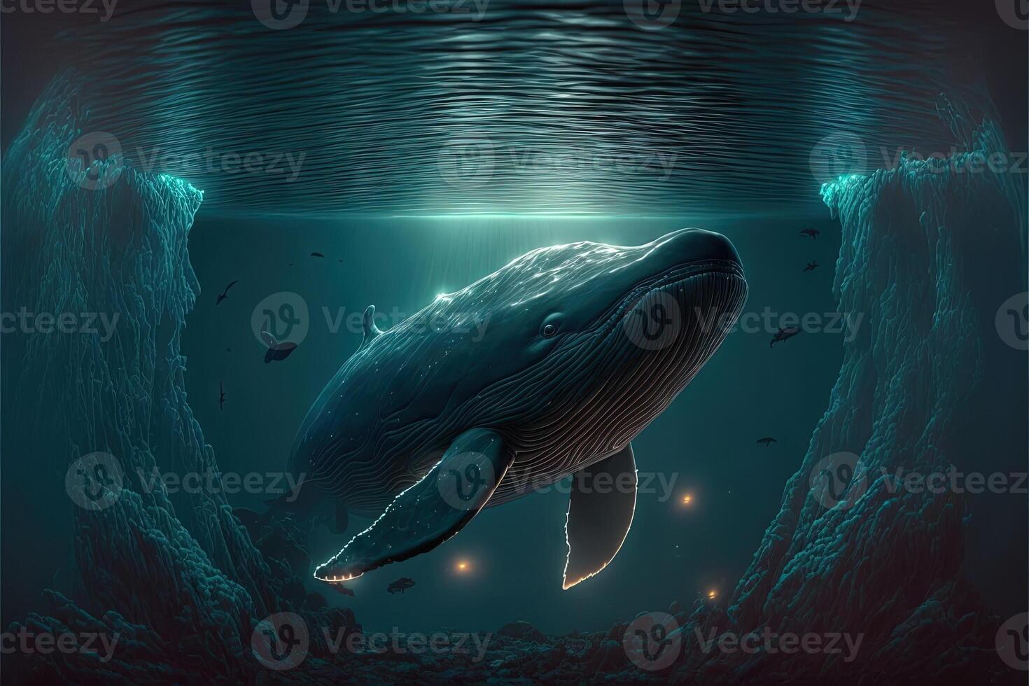 ballena en un magia submarino noche Oceano ilustración generativo ai foto