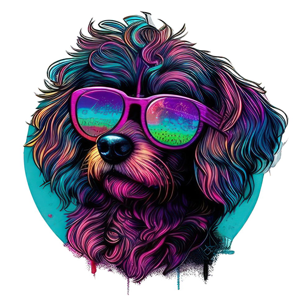 illustration graphic of colorful dog wearing sunglasses isolated good for icon, mascot, print, design element png