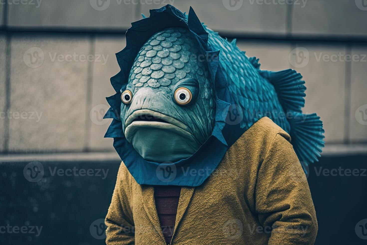 Man disguised with a fish costume for the april fool's day joke illustration photo