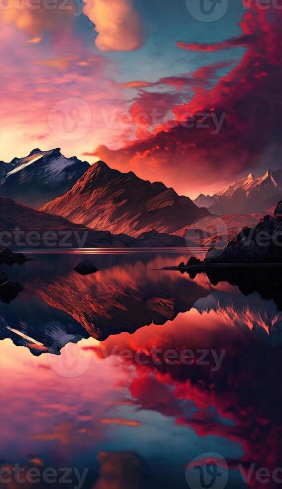 majestic mountain range, with vibrant hues of orange and pink filling the sky and reflecting on a tranquil lake below smartphone background screen wallpaper illustration photo