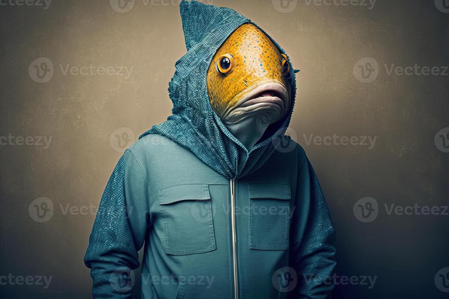 Man disguised with a fish costume for the april fool's day joke illustration photo