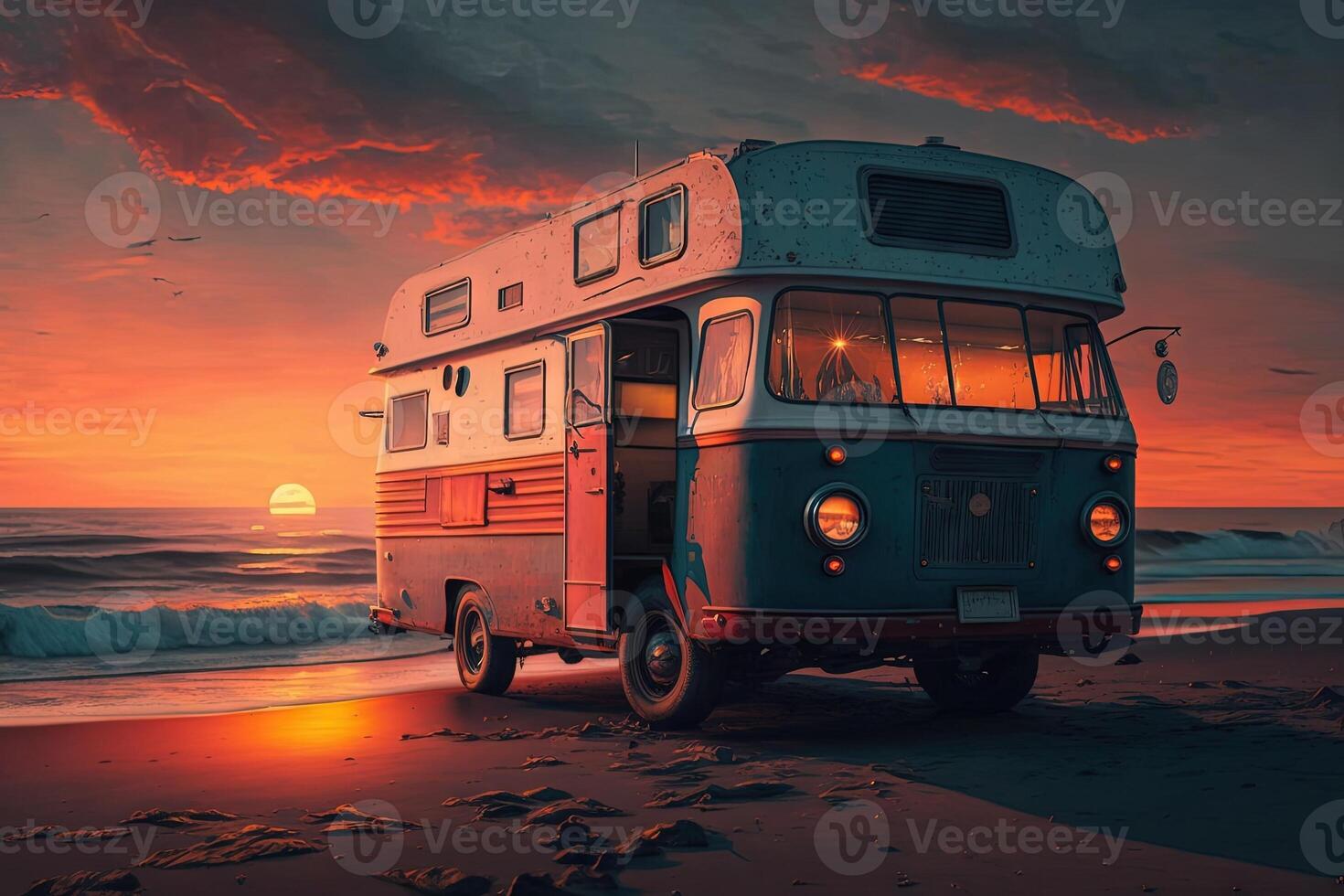 Camper van rv at sunset on beach illustration photo