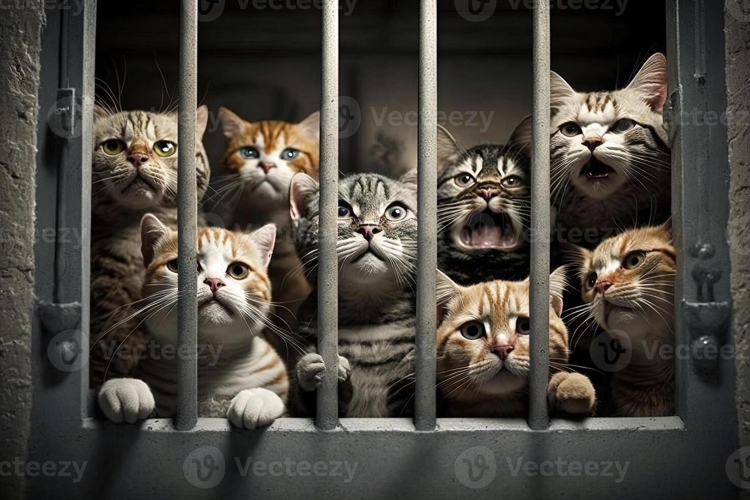 sad cats in jail sitting behind a metal bars and looking at the camera