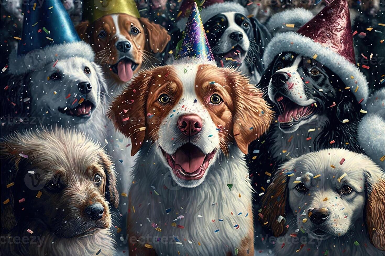 muchos perros mascotas celebrando nuevo año ilustración generativo ai foto