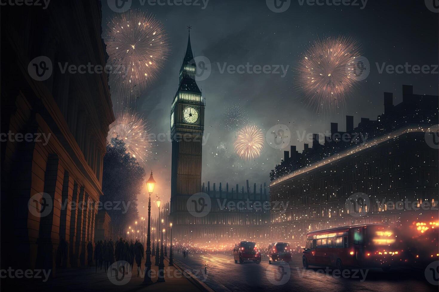 celebrando nuevo año víspera en Londres fuegos artificiales en el cielo ilustración generativo ai foto