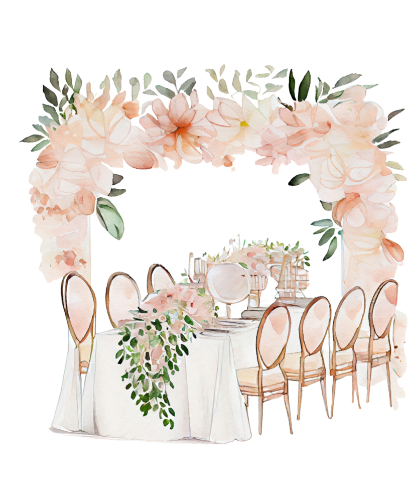 Set of watercolor wedding elements. The bride ,shoes, cake, bouquet, plate and appliances, camera, champagne glasses, flower arch png