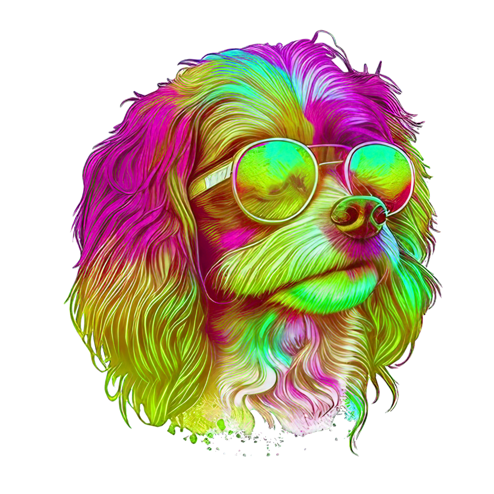 illustration graphic of colorful dog wearing sunglasses isolated good for icon, mascot, print, design element png