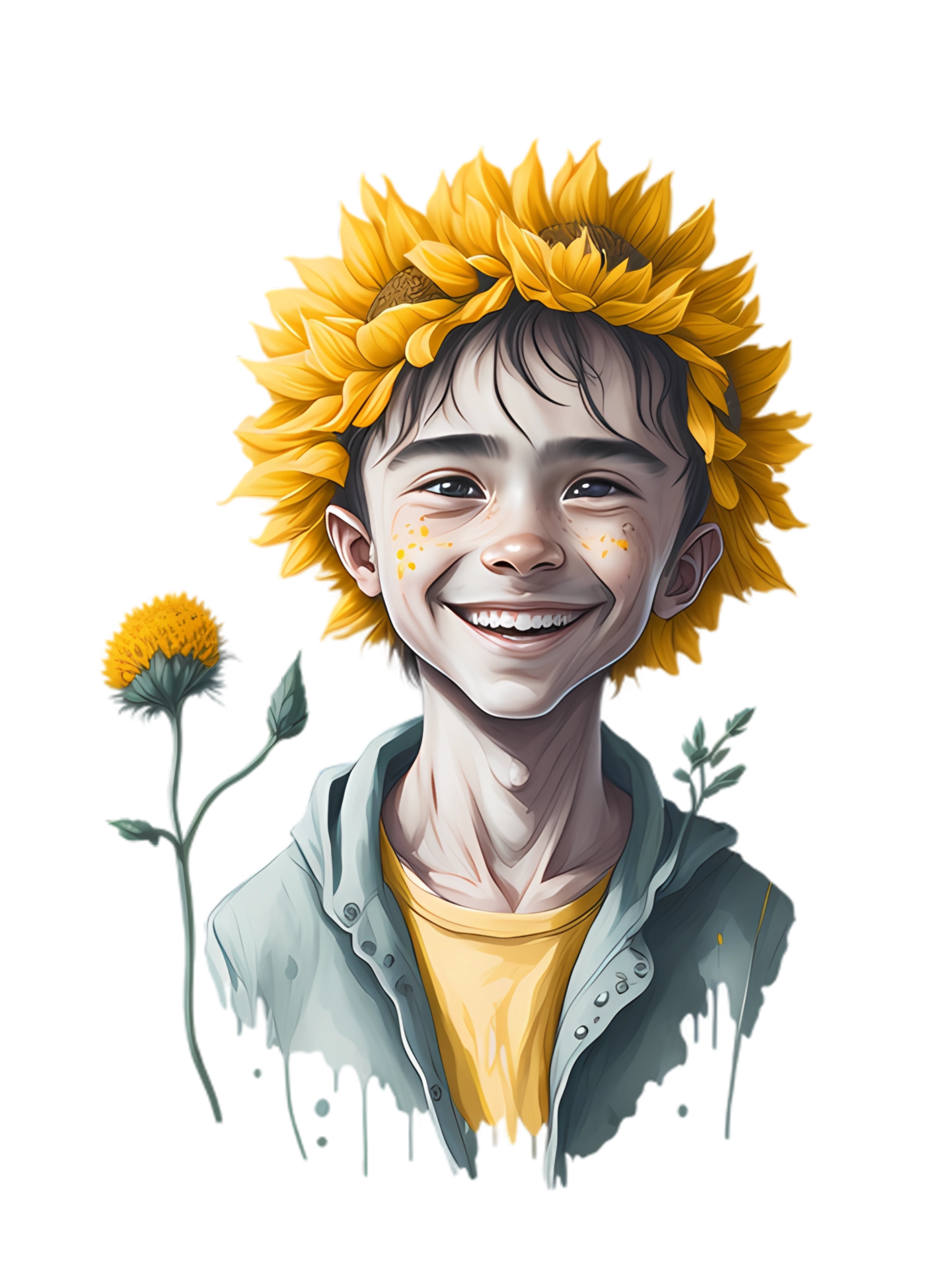 Little boy holding sunflower in hand illustration 23954580 PNG