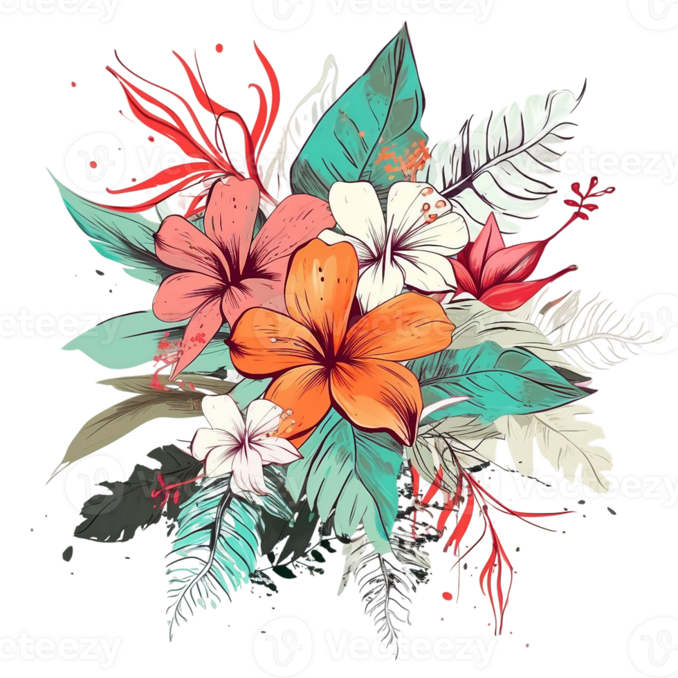 rétro tropical fleur et feuilles, ai génératif png