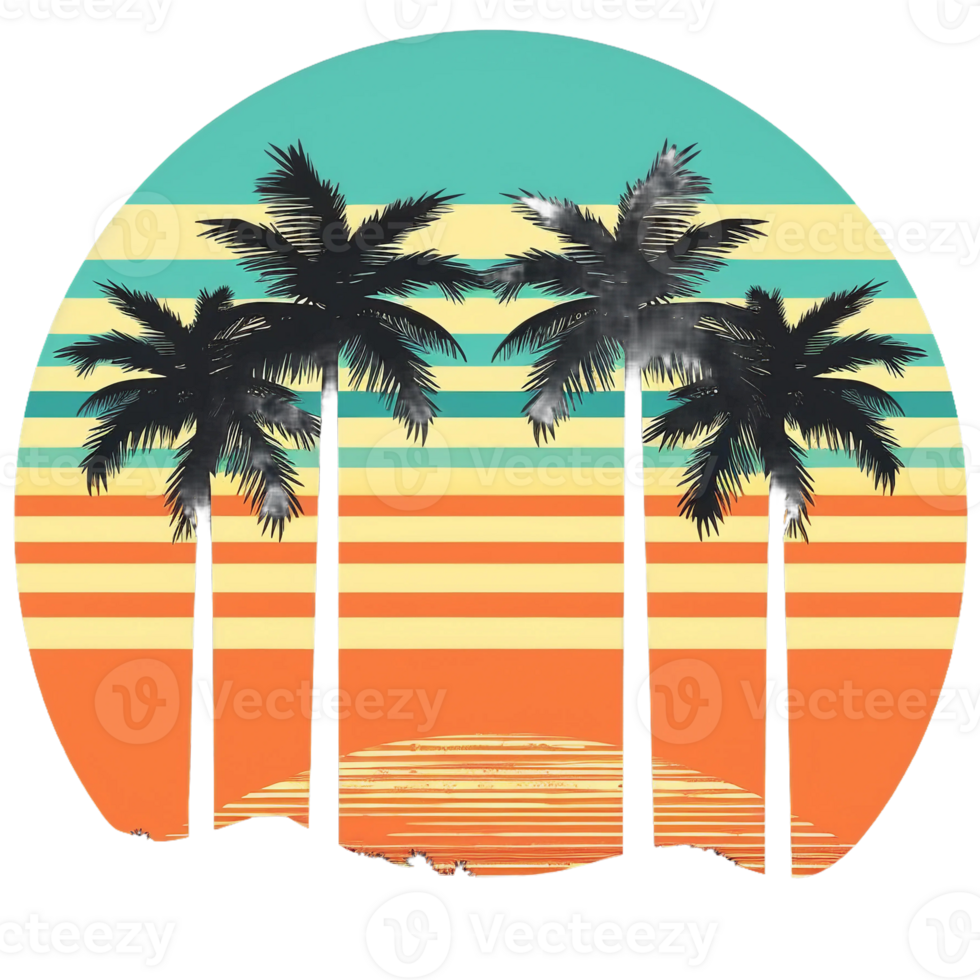 Retro sunset palm beach tropical watercolor, png