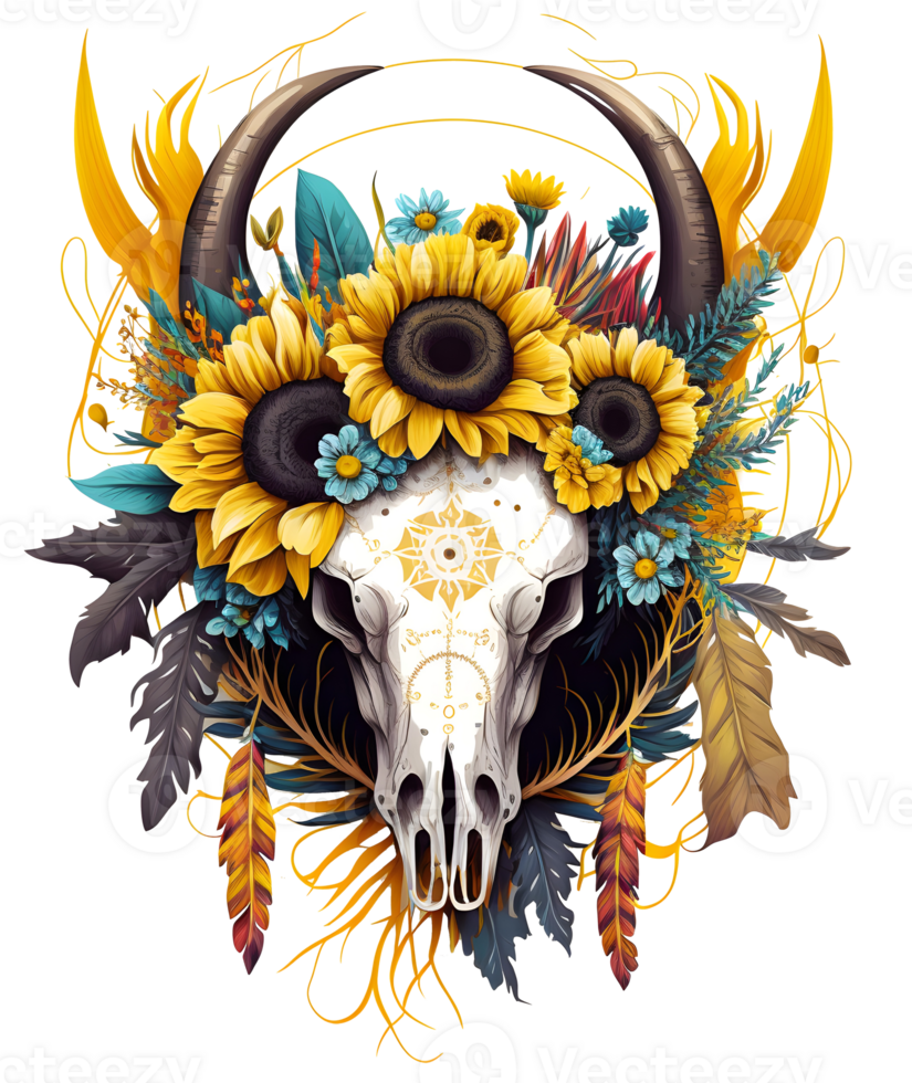 Bull skull with flowers, boho and gothic style, isolated png